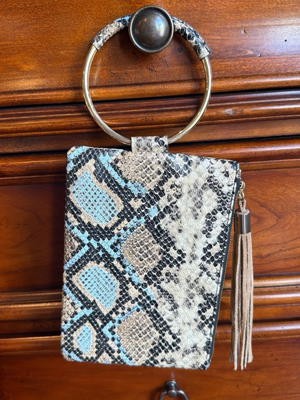 INC International Concepts Blue and Taupe Snake-Print Ring Handle Clutch